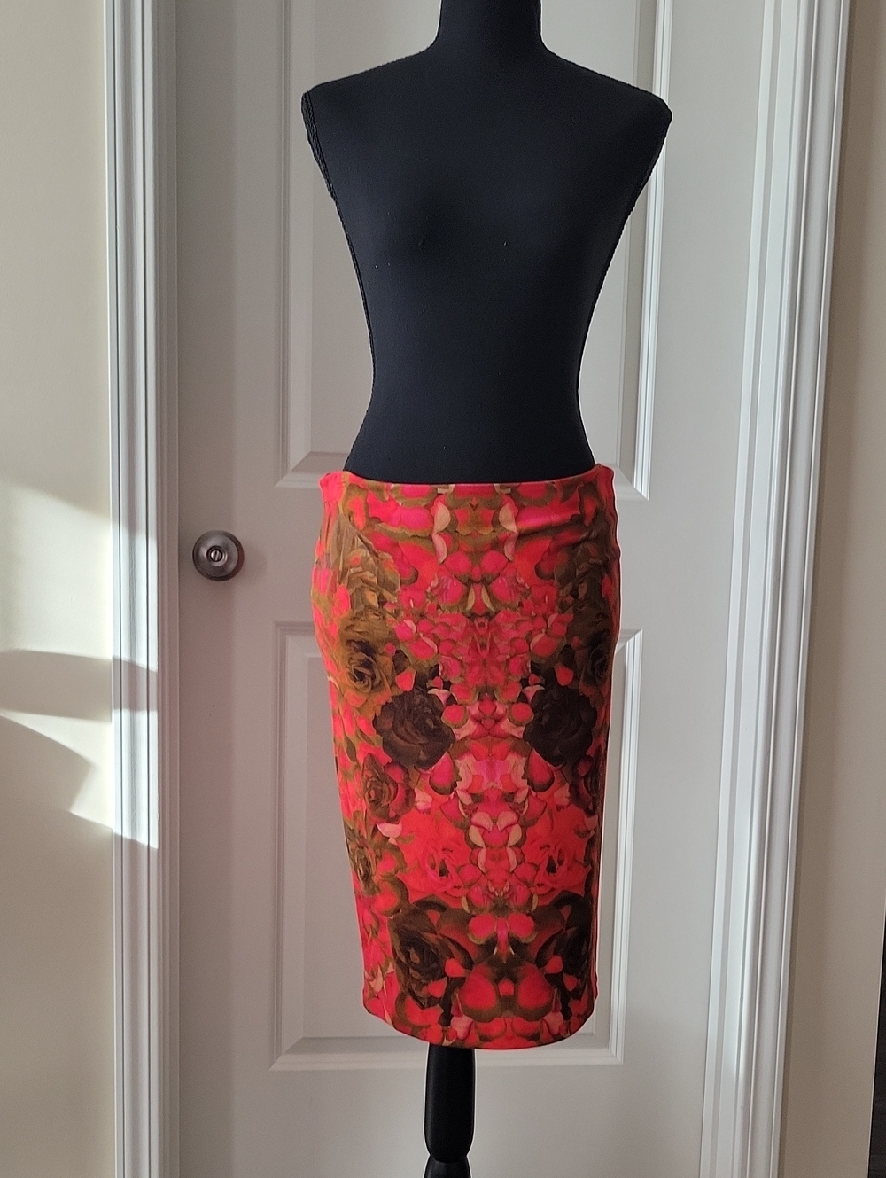 Alexander McQueen Pink Red Floral-Print Pencil Skirt